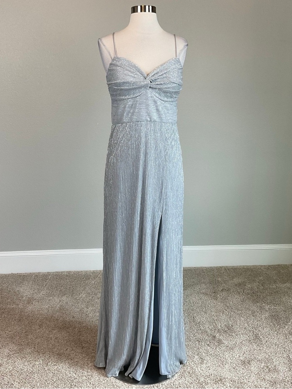 Aqua Silver Pleated Spaghetti-Strap Gown